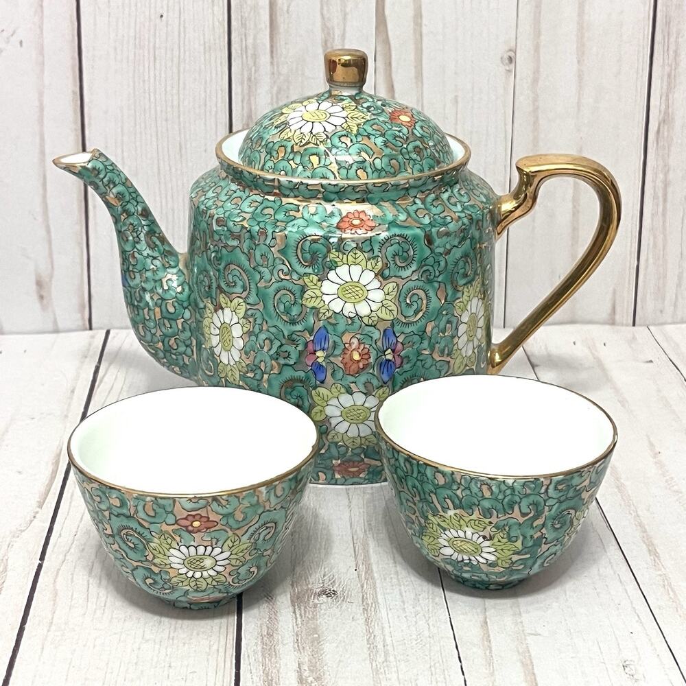 Vintage A.C.F. Mid Century Japanese Porcelain Tea Set Green Floral Gold Enamel